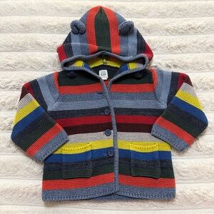 Baby Gap Striped Colorful Rainbow Knit Hooded Sweater with Bear Ears